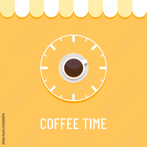 Coffee time concept illustration. Coffee clock in vector. Drink coffee in the morning. Coffee cup logo. Energy boost drink in the morning.