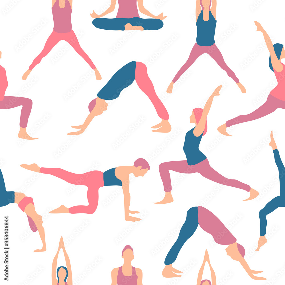Yoga poses seamless pattern on transparent background. Repetitive vector illustration of various yoga poses.