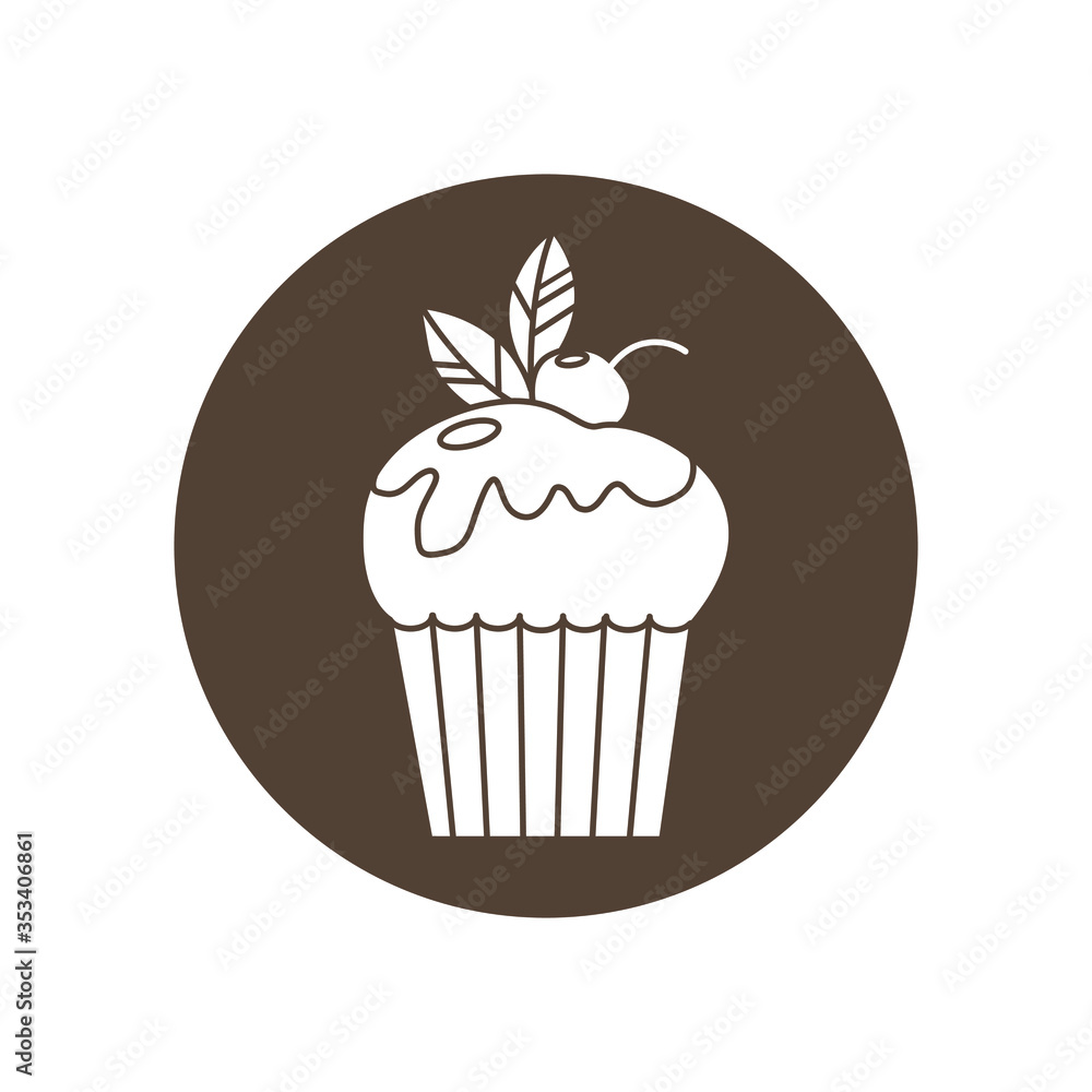 Vector silhouette cupcake in brown circle isolated on white background. Food design elements for the menu, bakery logo, web, postcards.