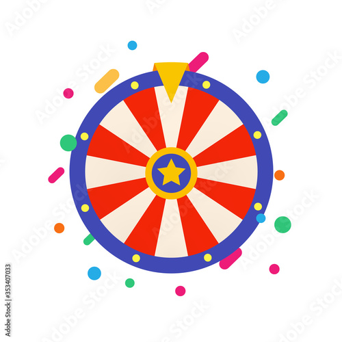 Flat Fortune wheel for Gambling game. Raffle prizes. Random choice wheel logo. Round colorful lottery, casino symbol. Online money bets sign. Isolated slot machine vector illustration