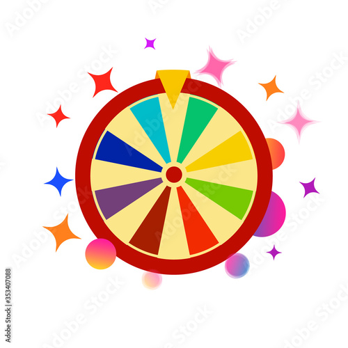 Colorful fortune wheel icon, random choice wheel with falling balloons and stars and glare, winner and lucky symbol, vector isolated illustration on white background.