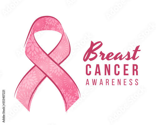 Breast cancer awareness - Pink ribbon with flower texture and border line sign vector design