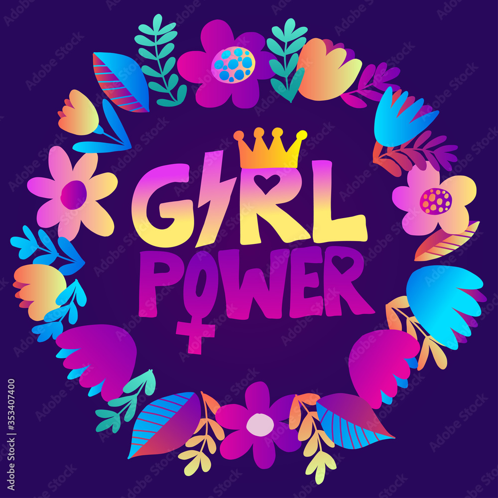 Feminism slogan with hand drawn lettering girl power. Neon liquid colorful design. Woman rule the world