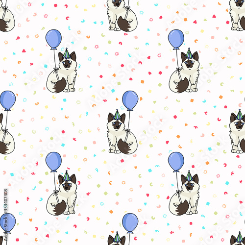 Cute cartoon Ragdoll kitten with party hat seamless vector pattern. Pedigree kitty breed domestic cat background. Cat lover celebration all over print. Feline EPS 10.