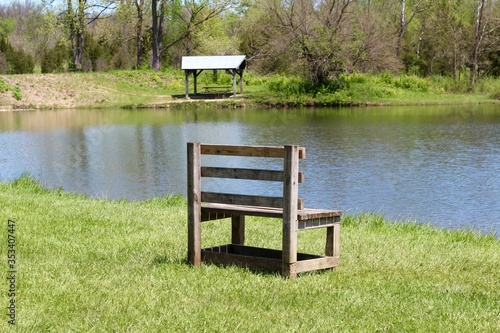 A view behind the old wood bench at the lake.