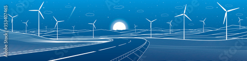 Highway in mountains. Windmills power. Sunset behind the rocks. Night scene. White lines on blue background. Vector design art