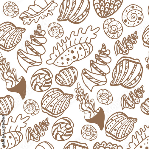 Seamless pattern with the image of seashells of various species. For printing on summer clothes  beach towels  rugs  bags. Vector graphics.