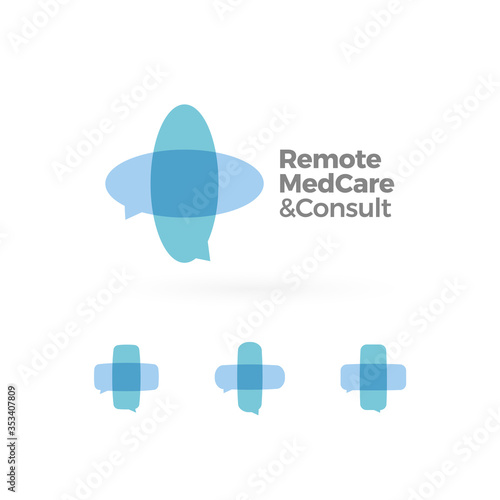 Set of telemedicine logo, medical remote care. Health web consultation service logotype concept. Speech chat medical cross, digital medicine innovation.