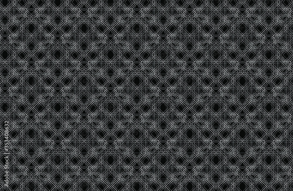 White complex outline of interconnecting circles and diagonal squares makes an intricate repeating pattern on a black background, vector illustration geometric design White complex outline of interconnecting circles and diagonal squares makes an intricate repeating pattern on a black background, vector illustration geometric design