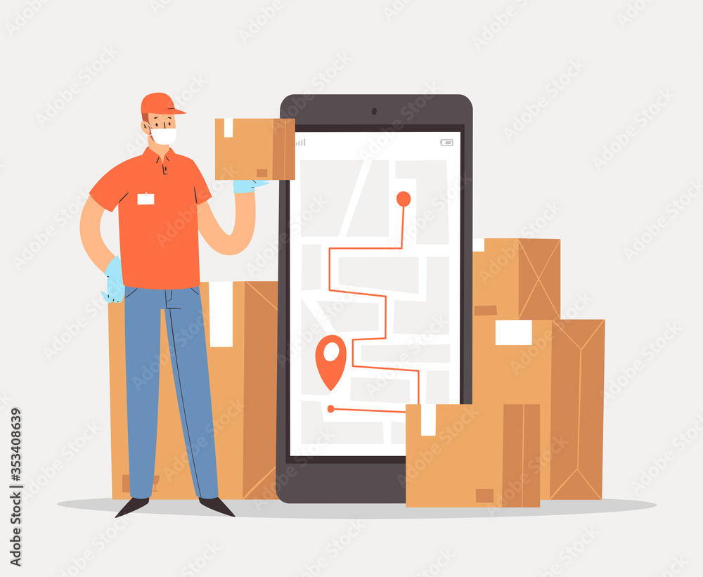 Online safe Delivery Concept. Courier with boxes and mobile phone map in medical mask and gloves, delivers the package, parcel or food during quarantine. Coronavirus Contact free 24/7 delivery service