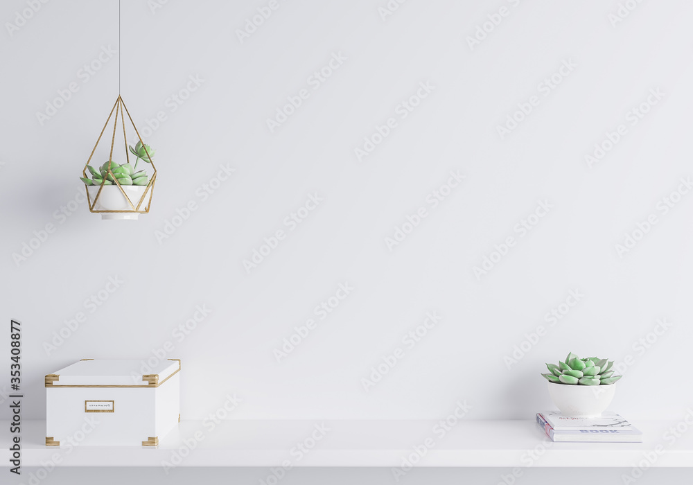 White mock up wall in modern interior, close up for white box and plants on shelf, minimal design - obrazy, fototapety, plakaty 