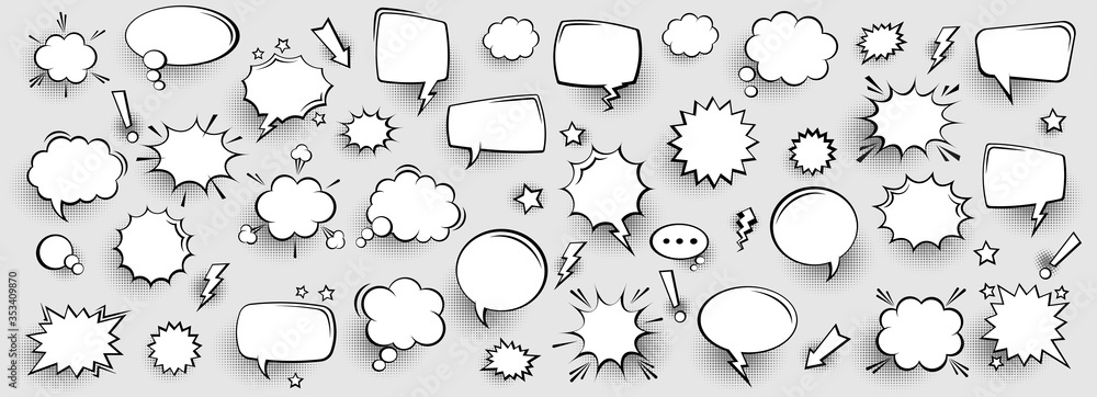 Obraz premium Collection of empty comic speech bubbles with halftone shadows. Hand drawn retro cartoon stickers. Pop art style. Vector illustration.