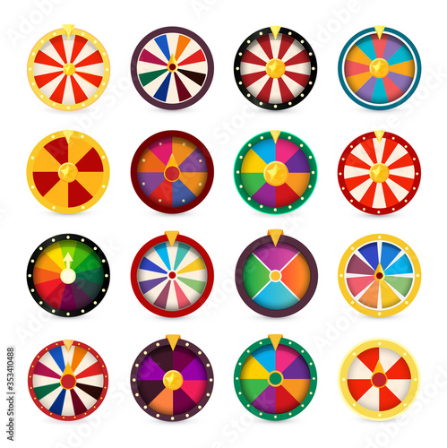 Fortune wheels. Gambling games logo set. Vegas casino tables logotypes collection. Money betting icon. Jackpot sign. Spin and win. Colorful round online leisure symbol. Risky stakes.