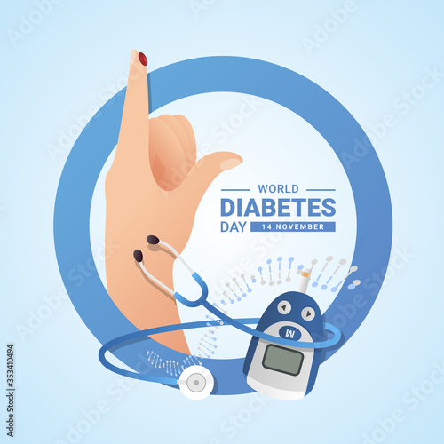 World diabetes day with blood on finger hand , Glucose testing stethoscope and DNA sign on blue circle ring vector design