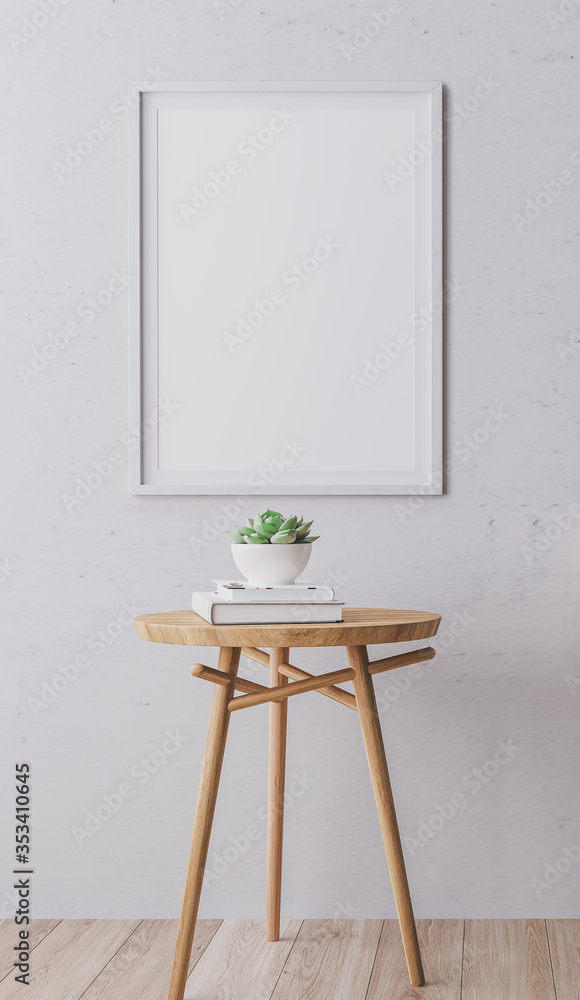 Mockup of Scandinavian interior poster with vertical white wooden frame on gray wall background. with modern design table in A4, A3 size format. 3D rendering, illustration Mockup of Scandinavian interior poster with vertical white wooden frame on gray wall background. with modern design table in A4, A3 size format. 3D rendering, illustration