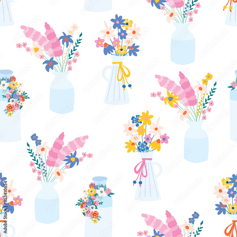 Flower vase seamless vector pattern. Repeating background vases with spring and summer wildflowers. For fabric, wrapping, wallpaper, kitchen textiles, summer, spring, celebrations, summer party decor