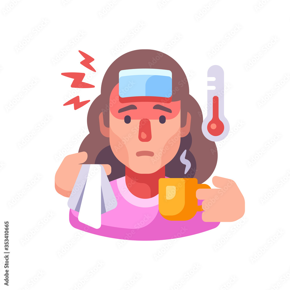 Sick woman drinking tea flat illustration. Guy having flu symptoms. Infectious disease concept