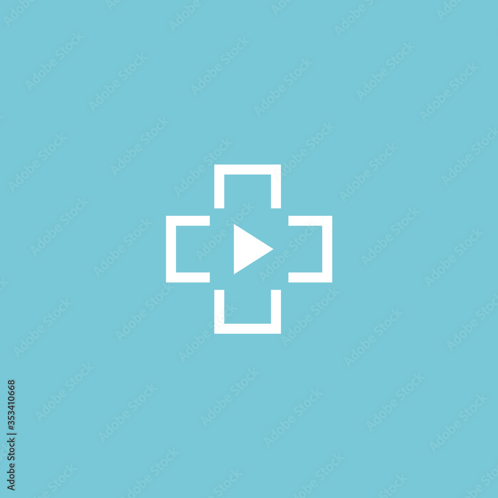 Symbol of medicine, cross from geometric lines and play button as symbol of distance doctor consultation or remote work of medical staff. Digital virtual medical service vector logo concept. Symbol of medicine, cross from geometric lines and play button as symbol of distance doctor consultation or remote work of medical staff. Digital virtual medical service vector logo concept.