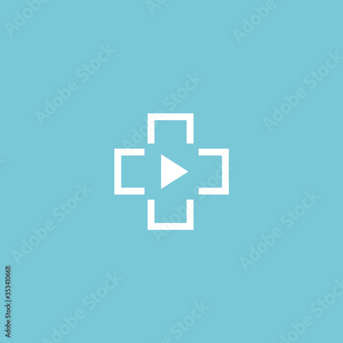 Symbol of medicine, cross from geometric lines and play button as symbol of distance doctor consultation or remote work of medical staff. Digital virtual medical service vector logo concept.