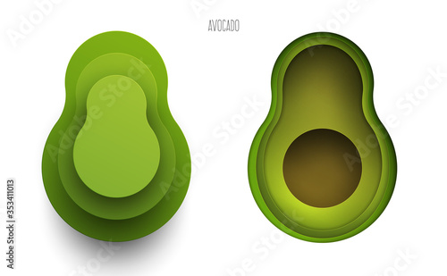 Cartoon whole and half avocado in modern geometric 3d paper cut style isolated on white background. Vivid creative vector art element. Minimalistic concept of abstract design illustration.