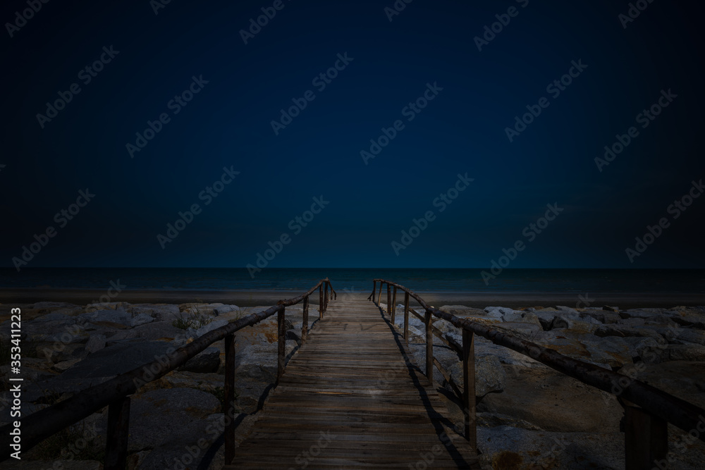 Wooden bridge walkway to the beach on night sky