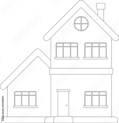 The house from the front elevation. Drawing on the concept of no sharp corners and fantasy. Drawing uses 2D CAD in a black and white mood.