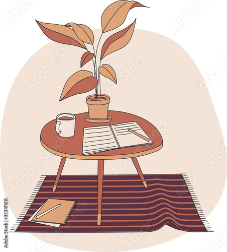 A hand drawn illustration of a studying place at home. Coffee table with a mug, plant and some notebooks lying around, standing on a small carpet. Cozy autumn colors. Vector flat style illustration
