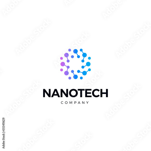 Nano technology logo. Atomic structure logotype. Round scientific laboratory innovation icon. Genetic research. Isolated chemical, molecular connections. Biotechnology vector illustration.