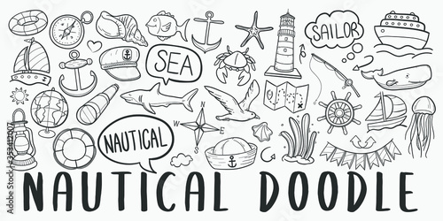Nautical Sport Doodle Line Art Illustration. Hand Drawn Vector Clip Art. Banner Set Logos.