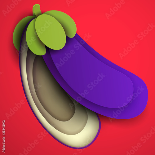 Cartoon eggplant in modern geometric 3d paper cut style isolated on colorful background. Vivid creative vector art element. Minimalistic concept of abstract design illustration.