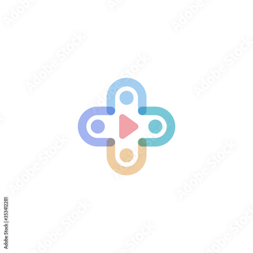 Medical cross, abstract peoples holding hands icons, play button. Logo concept for telemedicine services. Isolated vector emblem.