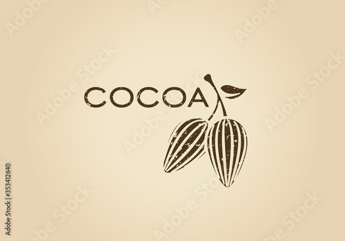 Whole cocoa pods, fruit tree logo. Cocoa nibs and beans retro logotype. Raw, roasted, grated cocoa icon. Chocolate,desserts ingredient vector illustration. Isolated natural vegetarian superfood.