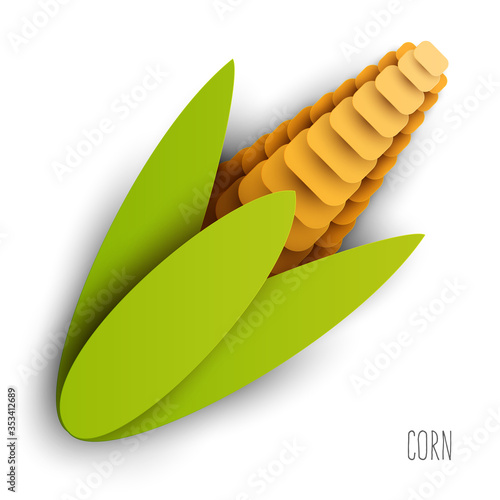 Cartoon corn in modern geometric 3d paper cut style isolated on white background. Vivid creative vector art element. Minimalistic concept of abstract design illustration.