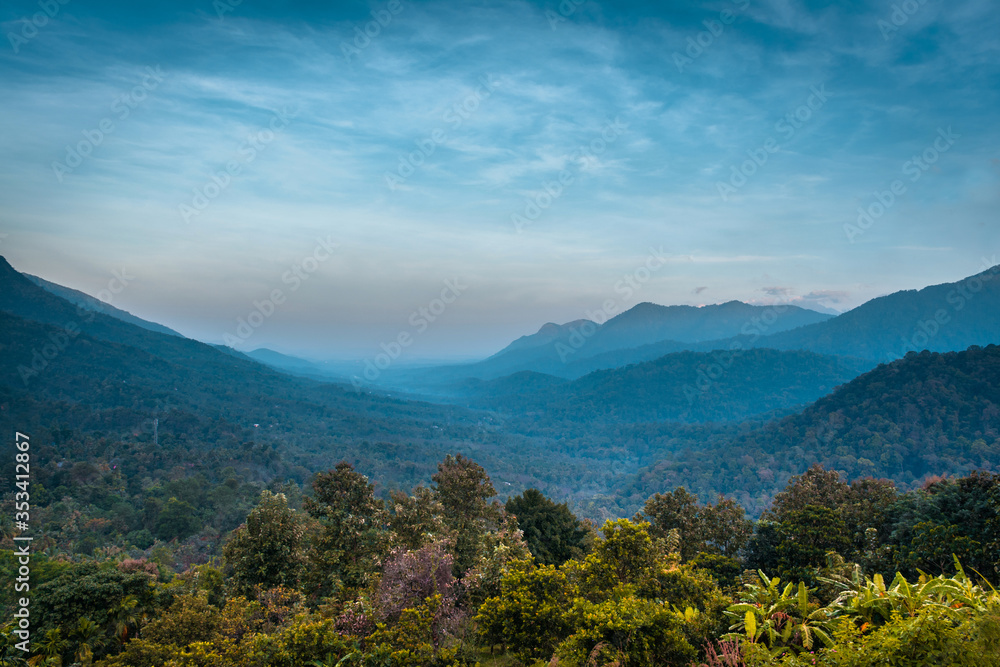 Fototapeta premium Kerala Travel and Tourism concept image Wayanad amazing nature beauty of God's own country, Beautiful mountain view and best place to visit in Kerala