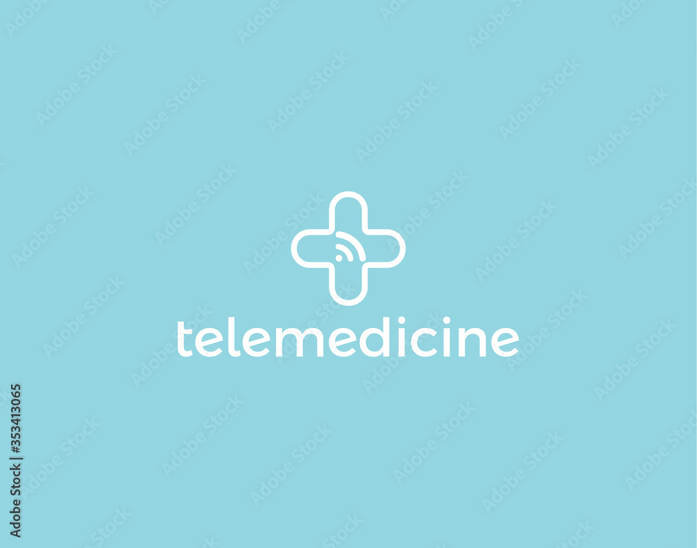 Obraz premium Telemedicine logo concept, isolated vector medical cross and wifi signal icon. Tele medicine technology logotype, medical digital consultation service, app.