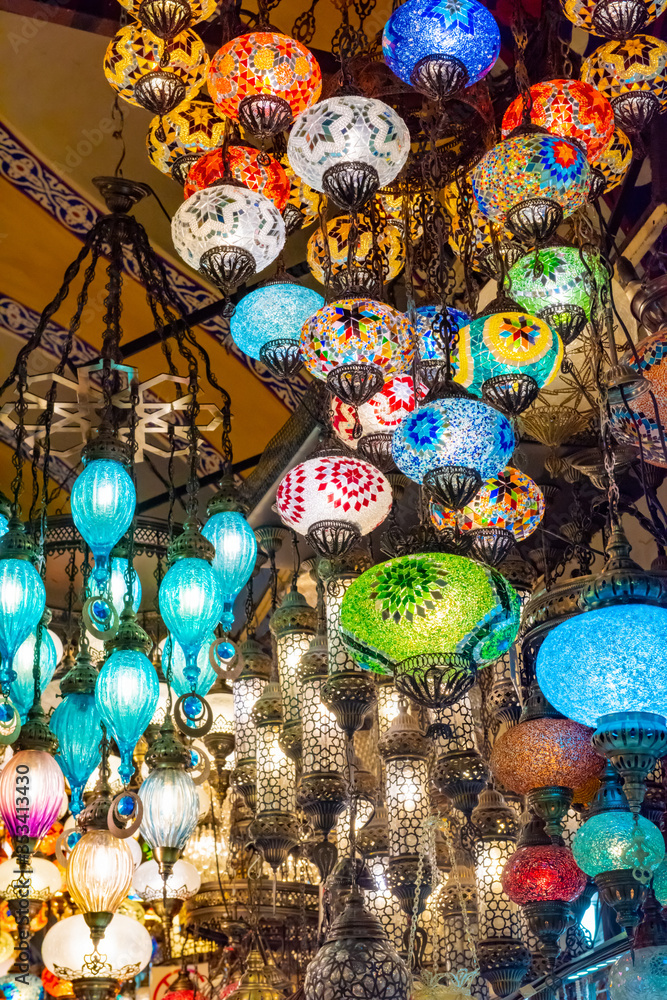 Multicolored authentic lamps hanging at the Grand Bazaar in Istanbul, Turkey
