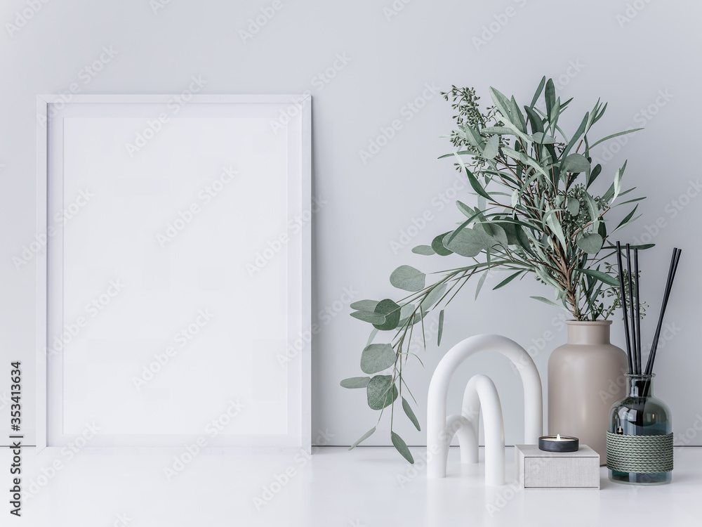 Interior poster mockup with vertical white wooden frame on white wall ...