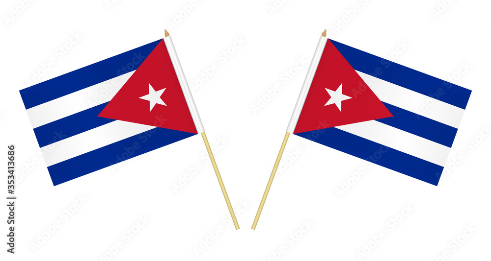 Two small Cuban flags isolated on white background, vector illustration. Flag of Cuba on pole Two small Cuban flags isolated on white background, vector illustration. Flag of Cuba on pole
