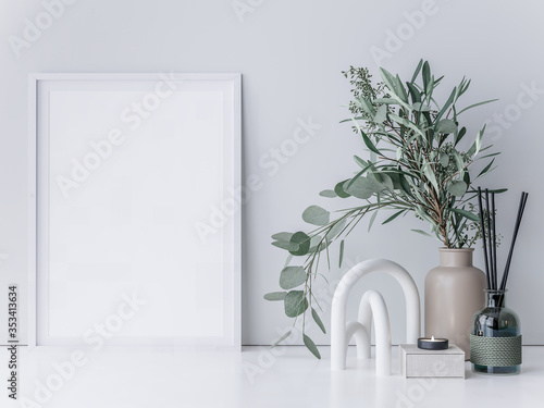 Interior poster mockup with vertical white wooden frame on white wall with Eucalyptus plant branch with green leaves. 3D rendering. 