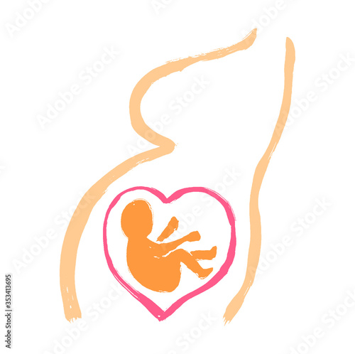 Human unborn baby fetus on mom belly womb. Cute grunge hand-drawn illustration. Cartoon doodle style. Colorful illustration.