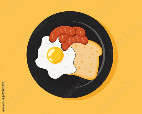 Cute cartoon vector : slices of bread with fried egg, sausages for breakfast concept	