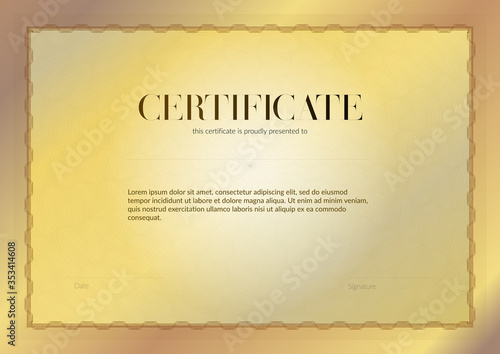 Horizontal certificate with guilloche and watermark vector template design. Diploma design graduation, award, success. Award background. Yellow gold Gift voucher without Guilloche pattern rosette.