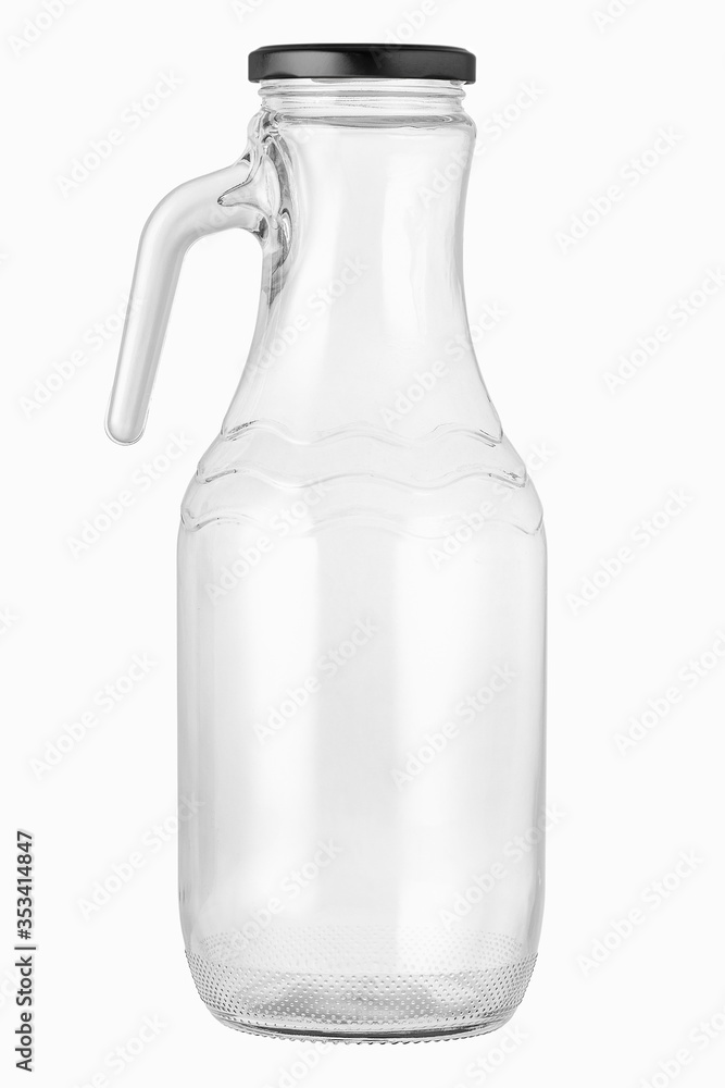 High shape Empty glass bottle jar with black lid For water or any preferred liquid Shot from the front view on isolated white background with clipping paths High shape Empty glass bottle jar with black lid For water or any preferred liquid Shot from the front view on isolated white background with clipping paths