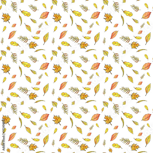 
pattern of autumn leaves. rollerball pen, watercolor hand drawing