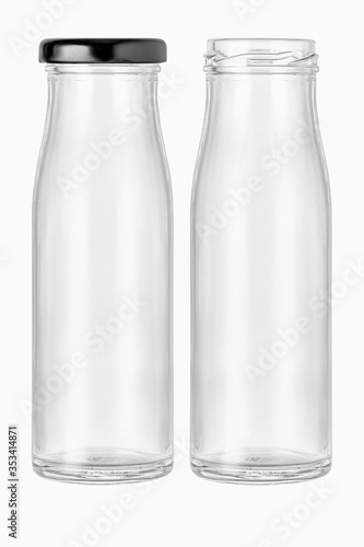two High shape Empty glass bottle jar with a black lid and without lid For food preservation or containing liquid Shot from the front view on isolated white background with clipping paths