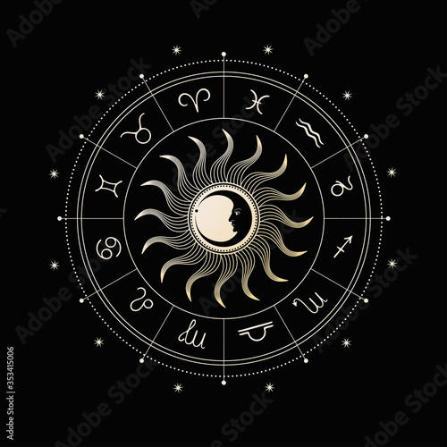 Sun, crescent and zodiac circle. Moon face. Vintage illustration.