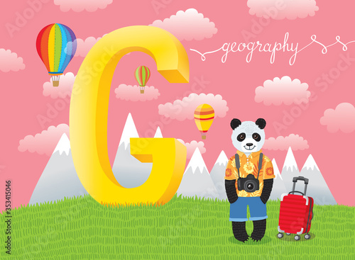 The letter G. Panda bear travels with baggage. Mountain landscape and aerostats in the air.