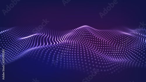 Abstract background of moving particles. Futuristic dotted 3D wave. Big data. Vector illustration.
