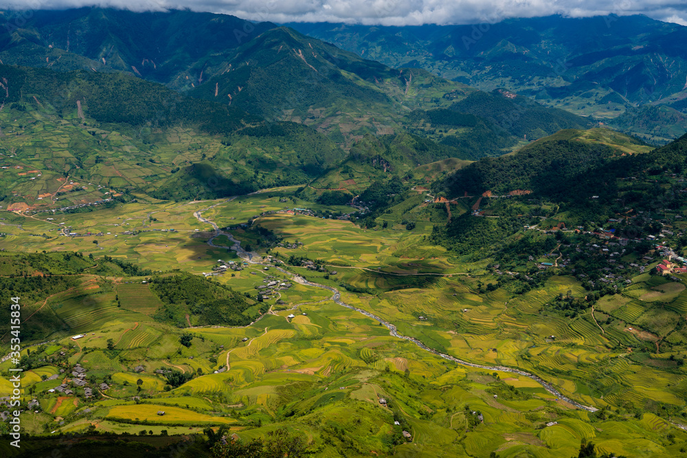 River along landscape terraced rice field in Mu cang chai district Yen bai province, Vietnam River along landscape terraced rice field in Mu cang chai district Yen bai province, Vietnam