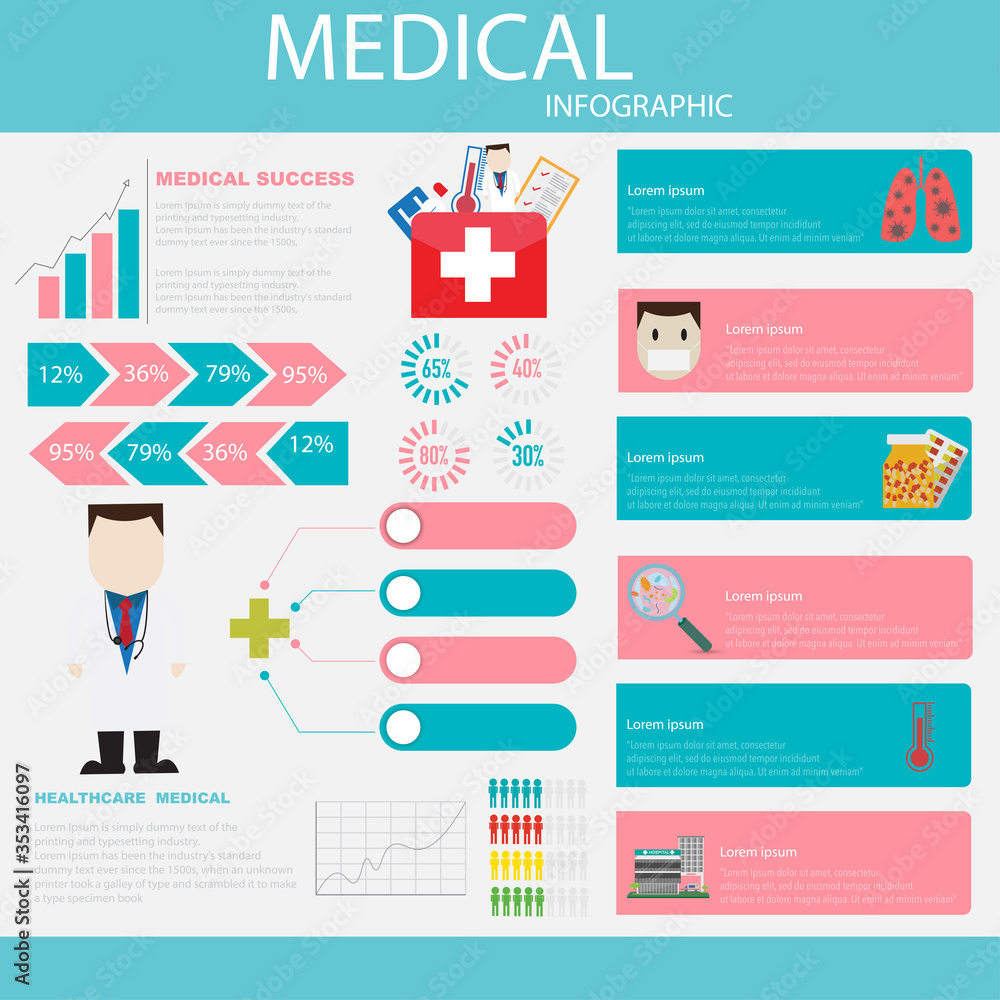 Medical infographic with charts and healthcare elements. Vector illustration.